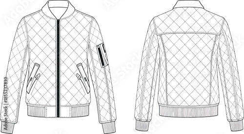 Quilted bomber jacket with zipper and pockets Vector