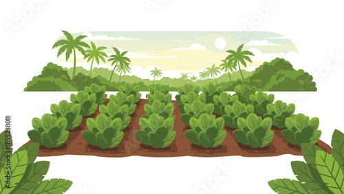 Lush plantation scene with neat rows of green crops, framed by tropical palm trees and majestic mountains under a soft sky.
