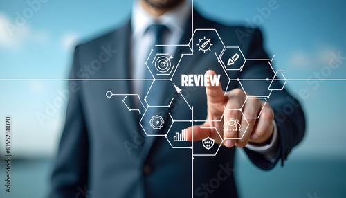 Annual business and customer review concept for end of year evaluation, inspection, auditing, learning, improvement and strategic planning