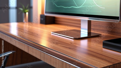 Sleek wooden desk with modern monitor displaying a chart in a bright, contemporary office