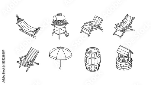 Outdoor leisure items set: hammock, grill, chairs, umbrella, barrel, well