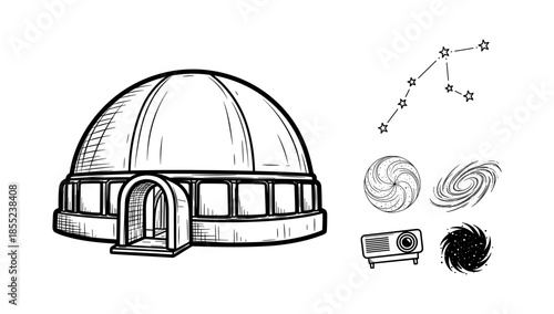 Hand drawn planetarium and astronomy elements with star constellation and galaxy sketches