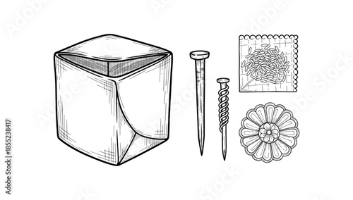 Hand drawn vintage fasteners and origami box sketch