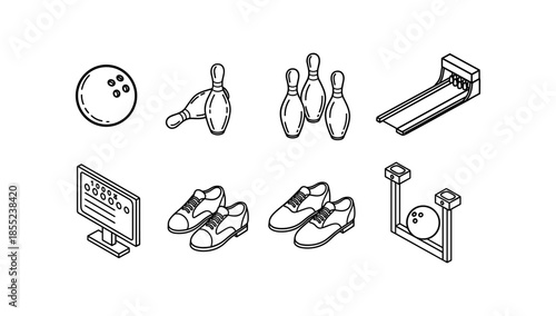 Bowling equipment icons in monochrome linear design