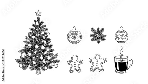 Festive holiday set with christmas tree, ornaments, gingerbread, and hot beverage in black and white