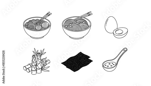 Line art ramen bowls and ingredients: eggs, bamboo, seaweed, spoon