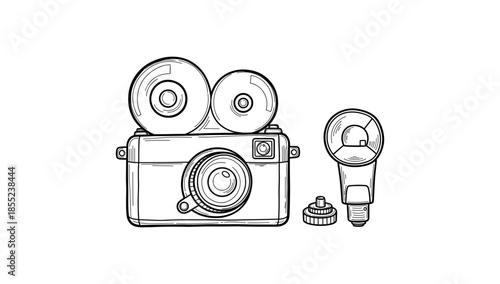 Retro camera with lenses and flash in hand drawn style