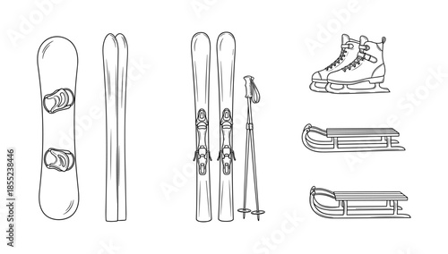 Winter sports equipment set: skis, snowboard, ice skates, and sled in outline style