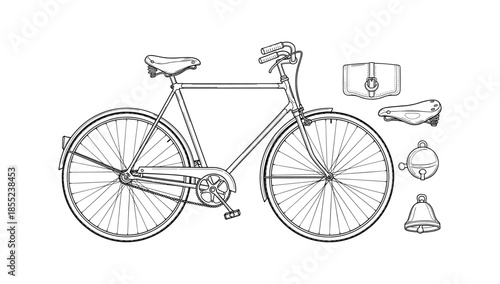 Detailed bicycle outline with accessories: saddle, bell, pouch, black and white art
