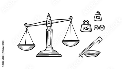Vintage hand-drawn balance scales with weights and measurement tools