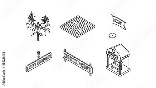 Corn maze challenge: checkpoint icons in minimalist linear design