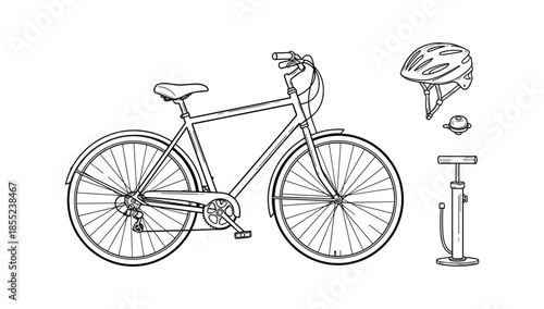 Line art bicycle with helmet and pump: cycling essentials in black and white