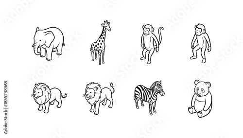 Collection of linear safari animals: elephant, giraffe, monkey, lion, zebra, panda