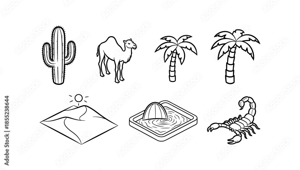 Fototapeta premium Desert elements collection: cactus, camel, palm trees, dunes, pool, scorpion in outline style