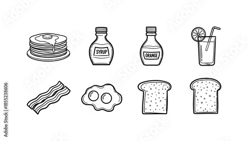 Breakfast essentials: pancakes, syrups, and classic morning foods in black and white