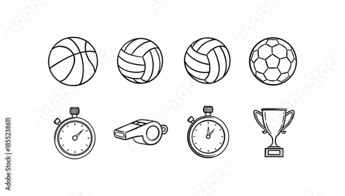 Sports equipment icons: balls, whistle, stopwatch, trophy in outline style