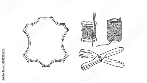 Hand drawn sewing tools and blank label with needle and thread outline design