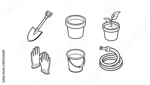 Gardening tools and potted plant icons in black and white linear style