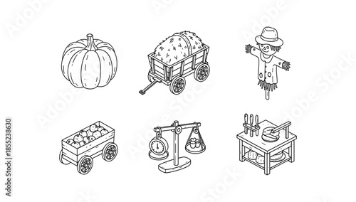 Hand drawn farming harvest elements with pumpkins, cart, and scarecrow
