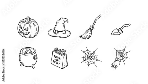 Hand drawn halloween elements set featuring pumpkin, witch hat, broom, candy, cauldron, trick or treat bag, and spider webs