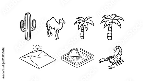 Desert elements collection: cactus, camel, palm trees, dunes, pool, scorpion in outline style