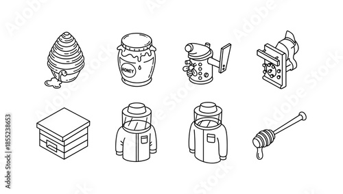Honey production doodle set: beekeeping, honey jars, hives, and beekeepers in simple line art