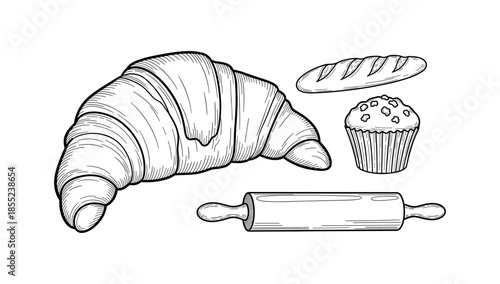 Hand-drawn bakery delights: croissant, baguette, muffin, and rolling pin
