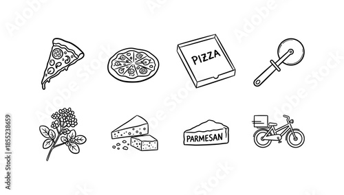 Hand drawn pizza icons and ingredients with delivery bike