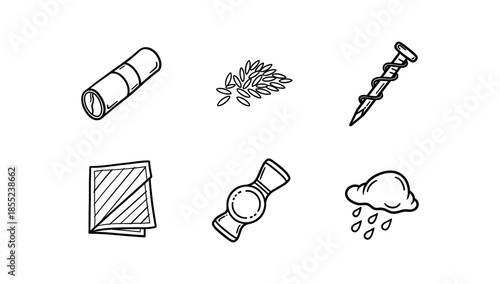 Hand drawn symbols: telescope, screw, papers, candy, rice, cloud