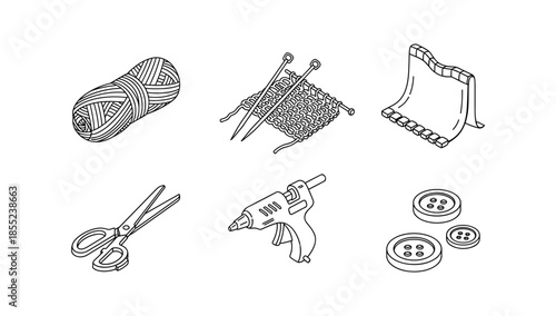 Crafting essentials line art: yarn, knitting, and tools for creative projects