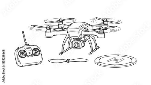Drone and remote control with landing pad in detailed line art style