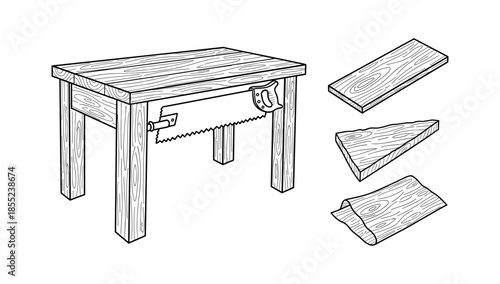Hand drawn wooden workbench with saw and wooden planks