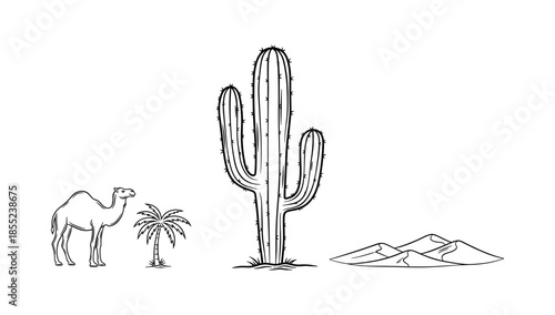 Desert scene with camel, cactus, palm tree, and mountains in black and white line art