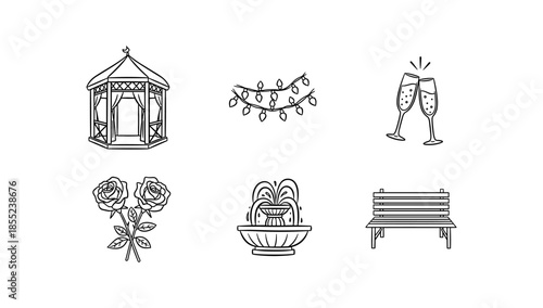 Elegant wedding elements: linear gazebo, lights, champagne, roses, fountain, bench design