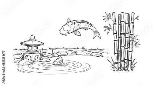 Serene pond scene with koi fish, bamboo, and stone lantern