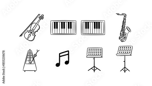 Minimalist music icons: instruments and symbols in linear style