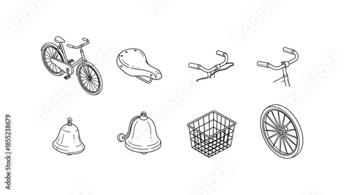 Isometric bicycle parts and accessories collection in black and white line art