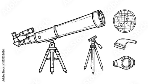 Telescopes and astronomical tools: detailed concepts in line art design