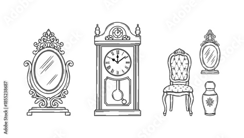 Elegant vintage furniture: ornate mirror, grandfather clock, chair, and vase