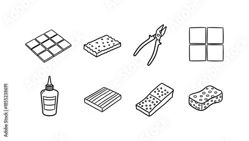 Set of hand drawn cleaning and repair tools icons in black and white