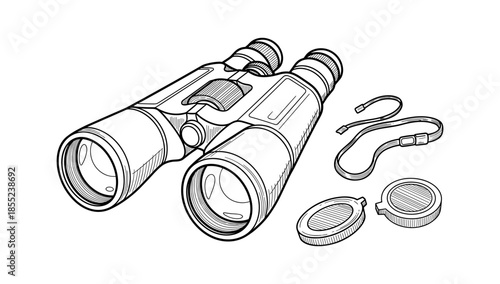 Detailed sketch of binoculars with accessories