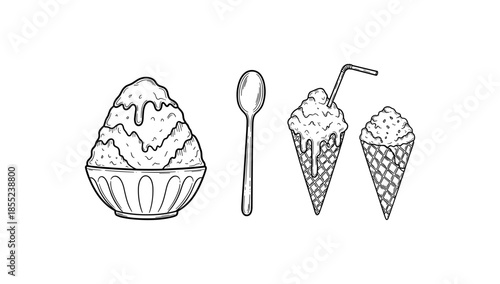 Hand drawn ice cream varieties: bowl, cone, and spoon designs
