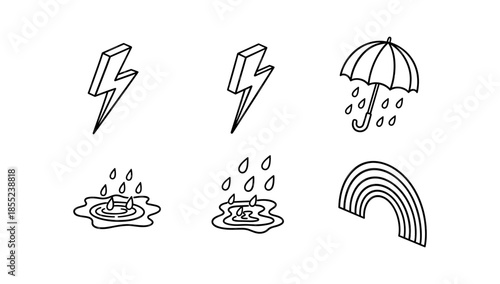 Minimalist weather icons: lightning, umbrella, rain, puddle, rainbow in outline style
