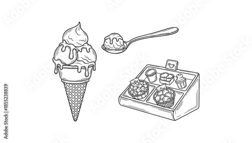 Hand drawn ice cream cone with toppings and display counter