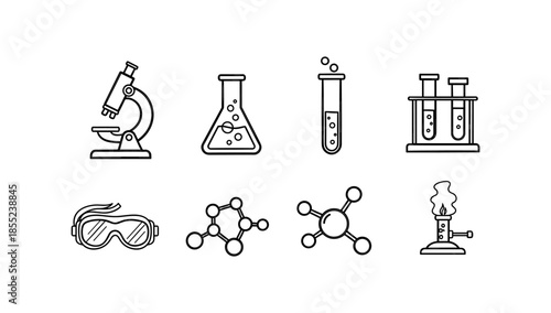 Simple science icons: microscope, test tubes, molecules, and lab equipment