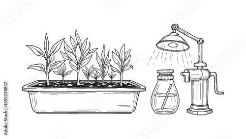 Vintage garden tools and seedlings in a line art style