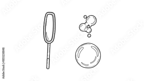 Bubble wand and soap bubbles in hand drawn style for playful designs