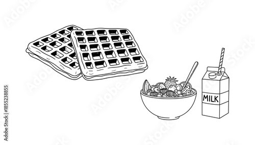 Line art breakfast: waffles, cereal bowl, and milk carton drawing