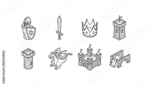 Medieval icons set featuring knight, dragon, crown, castle towers, and sword