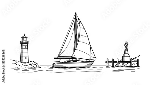 Sailboat journey with lighthouse and buoy in black and white line art